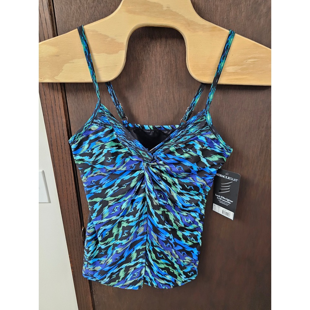 Miraclesuit Love Knot Tankini Top Blue Green Abstract Print Size 16 NEW